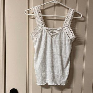 MAURICES White Tank Top Blouse with Crochet Straps Crisscross on Front Size S